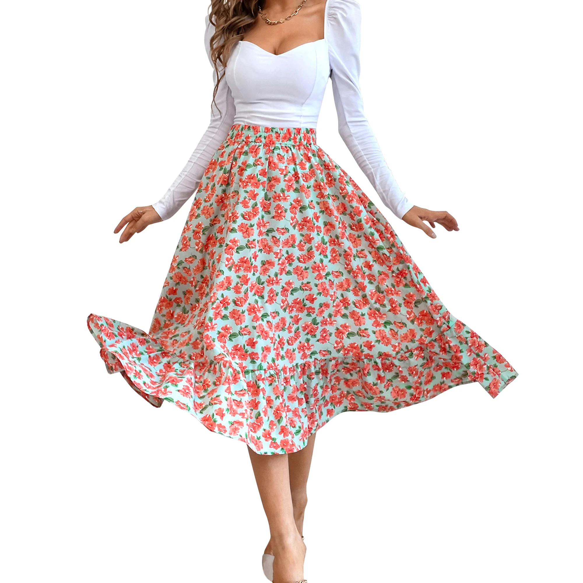 

Women's MidLength Skirts, Floral Printed High Waist A-Line Elastic Waist Skirts, Casual Street Style Bottoms