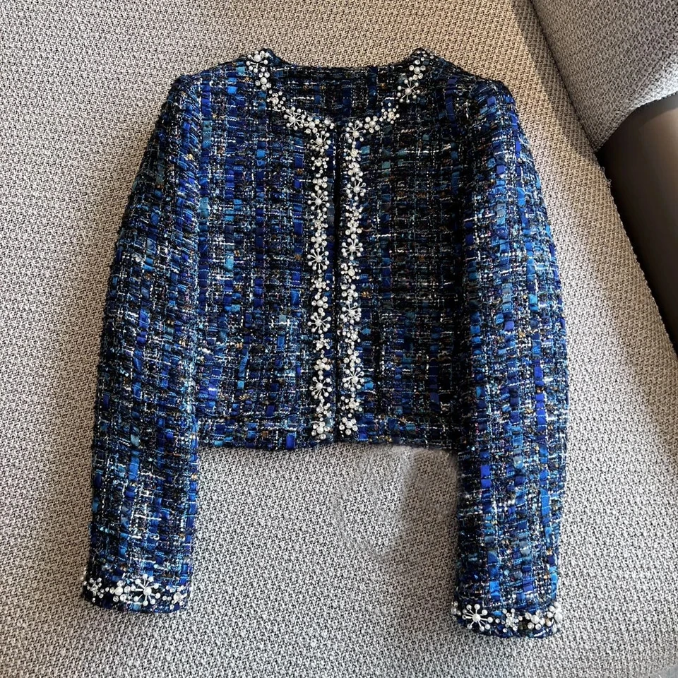 

2024 Spring Luxury Fashion New Women Diamonds Flower Tweed Blue Jacket Coat for Female