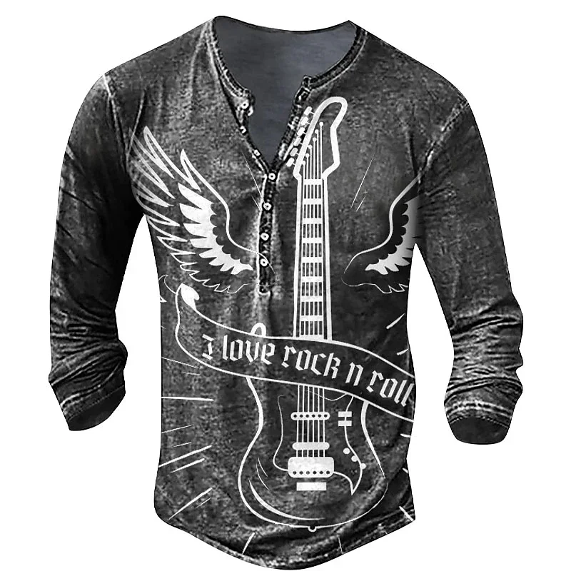 Vintage Men\'s T-Shirt Imitation Cotton Tee Rock Music Graphic Tees 3d Printed Long Sleeve Henley Shirt Oversized Men Clothing