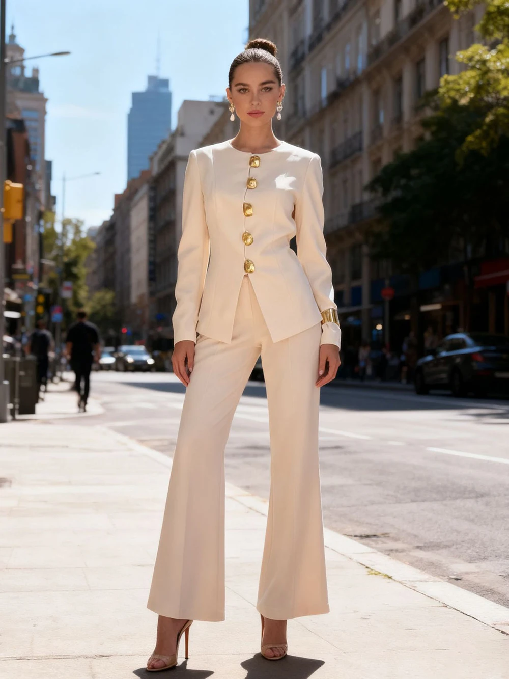 Modphy Apricot Pantsuits Womens Jacket Pants Matching Sets Elegant Single-Breasted Blazer Pant Suit Set Fashion 2 Pieces Outfit