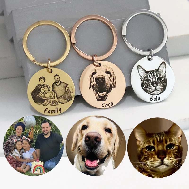 25mm Custom Photo Pet Dog Keychain Engrave Family Member Photo Name Text Keyring  Car Key ForMan Women Favorite Souvenir Gift