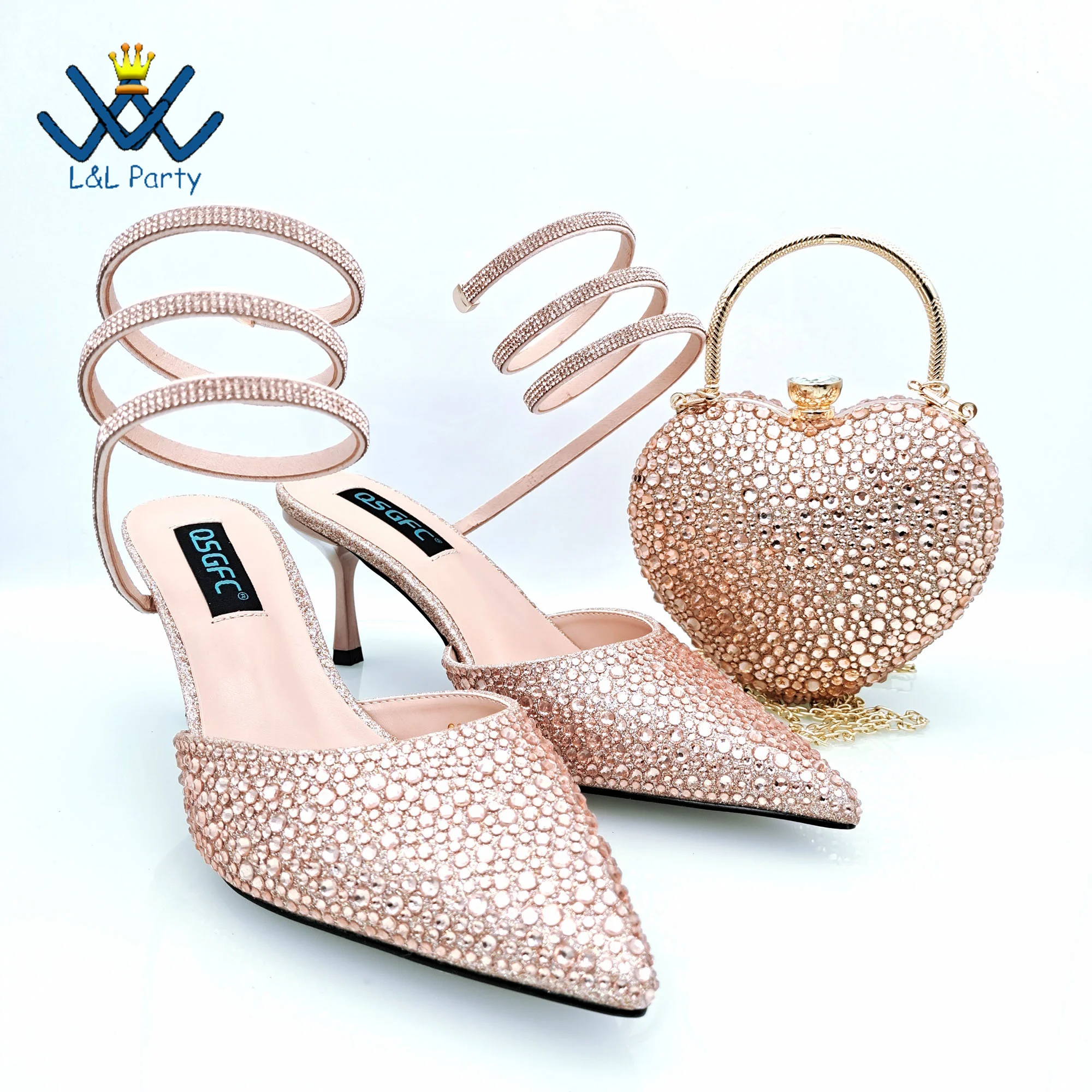 2024 in Heels Leisure Style New Arrivals Women Shoes and Bag Set in Peach Color Pumps for Wedding Party