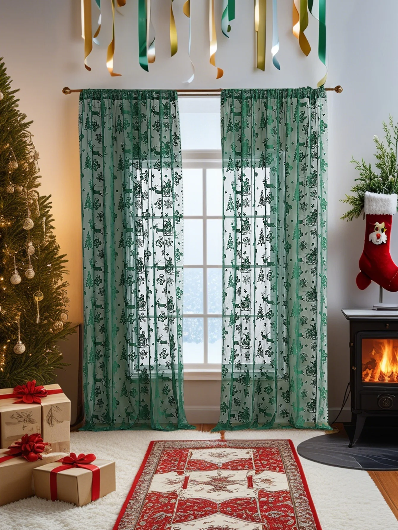 1PC Christmas Bell Lace Curtain Rod Pocket Farmhouse Living Room Holiday Decorative Curtain