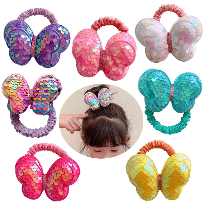 Girls Colorful Sequin Butterfly Hair Scrunchie Children Headwear Elastic Hair Band Ponytail Holder Hair Accessories Ornaments