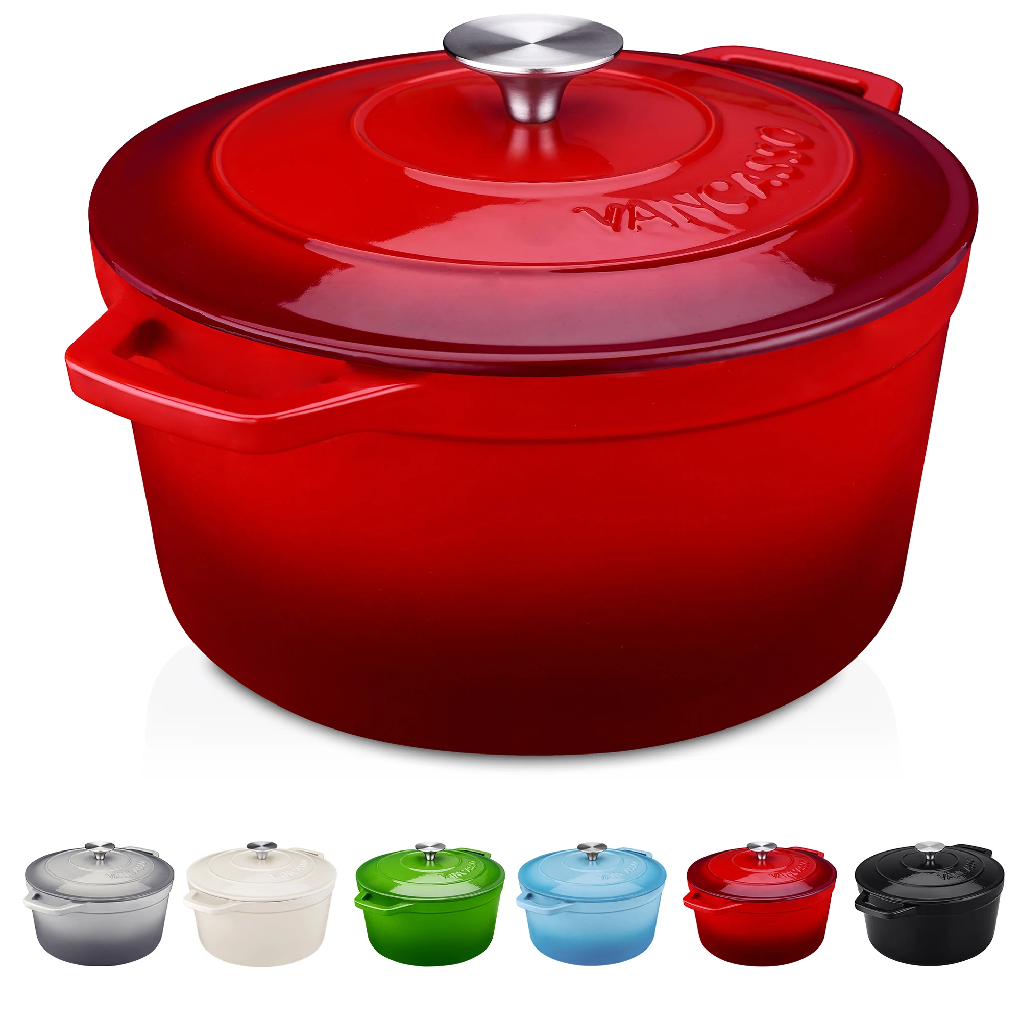 vancasso Dutch Oven 5L Cast Iron Pot with Stainless Steel Knob Lid, Naturally Non-Stick Enamelled Casserole 26cm 6 color Option