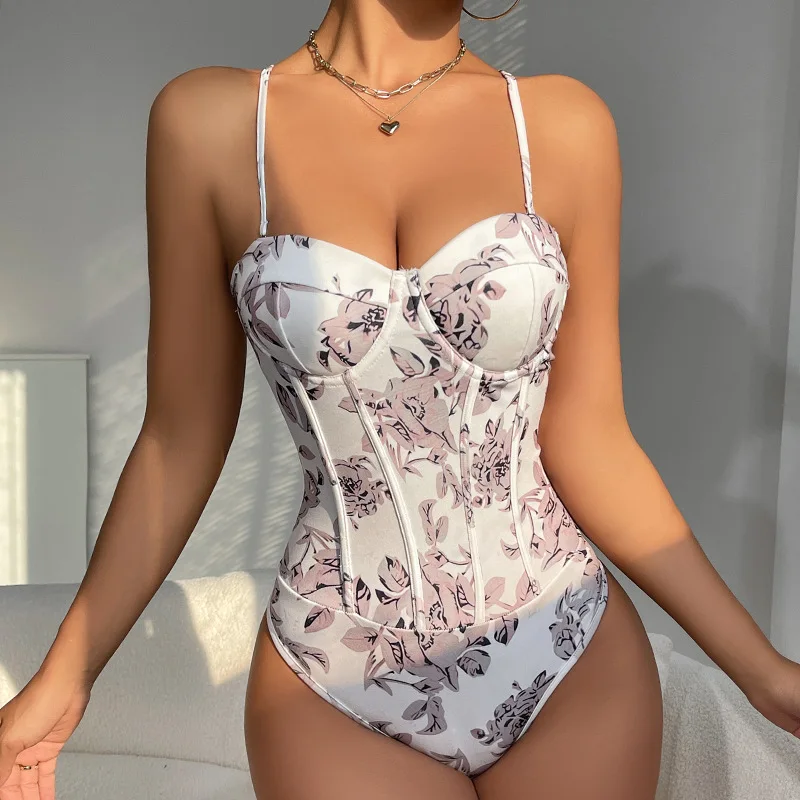 Y2K Floral Print Corset Top Bodysuit 2026 Vintage Inspired Bodycon Strappy Romper