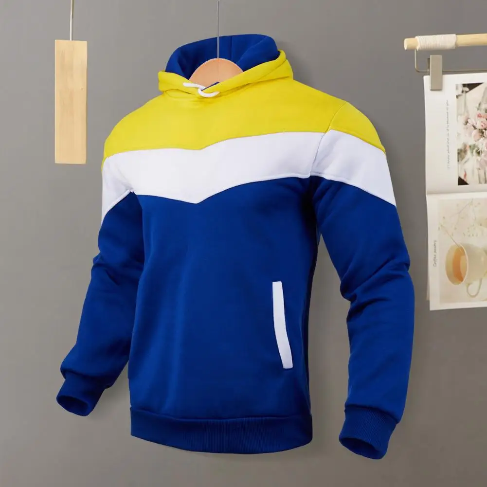 Men Hooded Sweatshirt Men's Colorblock Drawstring Hoodie with Thick Plush Long Sleeves Big Pocket Retro Style Casual for Fall