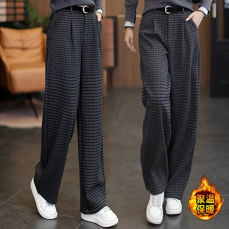 

Винтажные шерстяные костюмные брюки в клетку для женщин и зимние прямые повседневные брюки, брюки с девятью точками