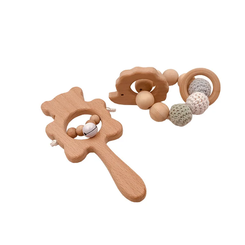 1Set Baby Toys Music Rattle Wood Crochet Bead Bracelet Wooden Rodent Chew Play Gym Montessori Baby Teether Products Newborn Gift