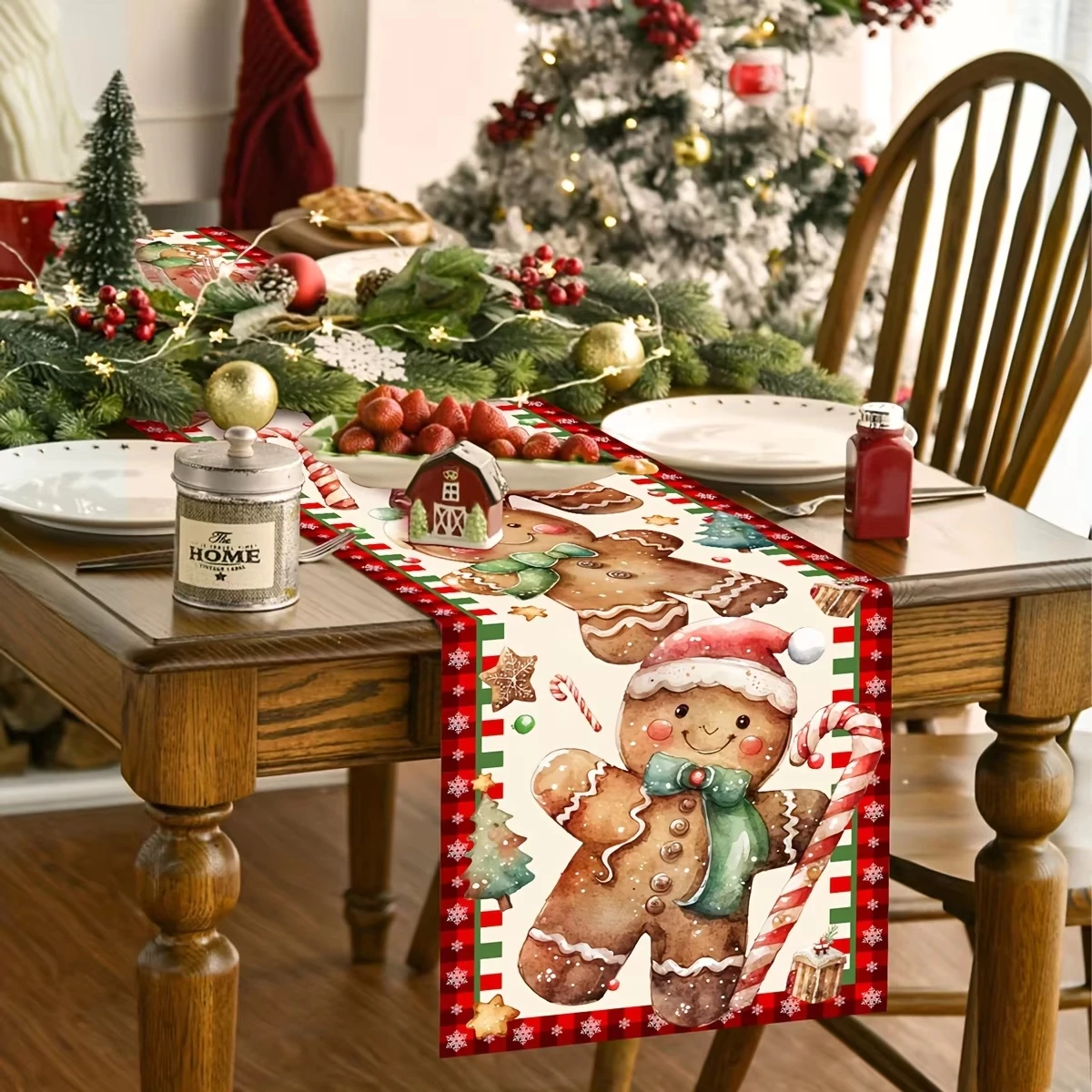عيد الميلاد الزنجبيل رجل الجدول عداء مع قصب الحلوى طباعة الكتان خلفية ملونة لقضاء عطلة الطعام
