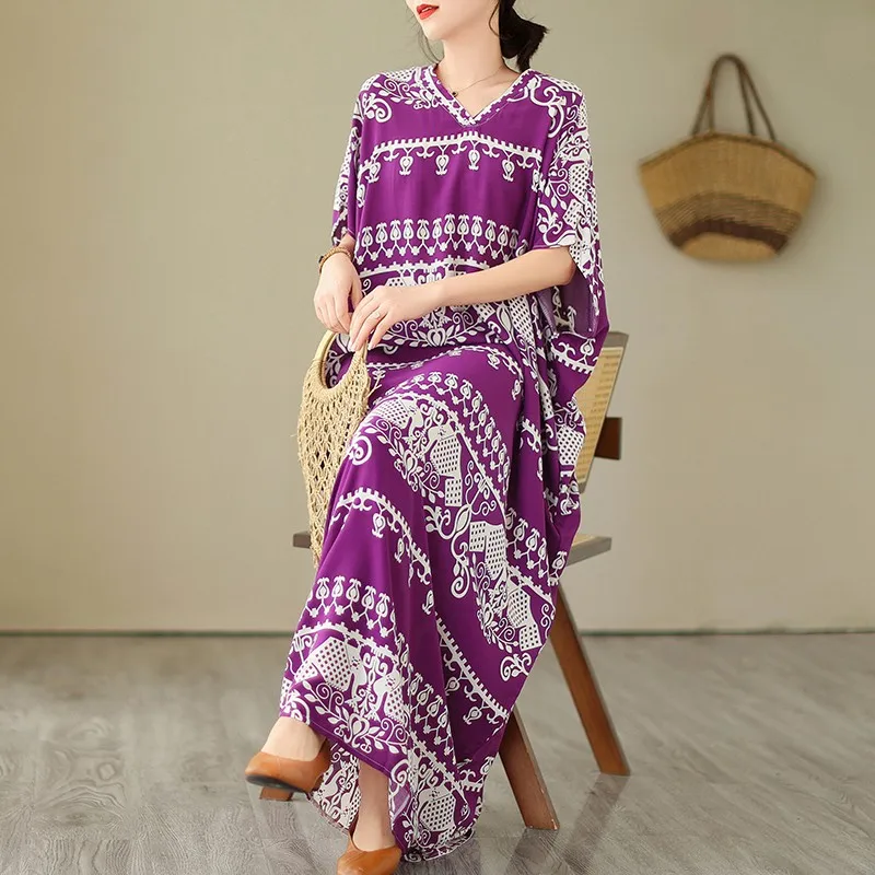 

2024 Summer New Style Holiday Dress Women Batwing Sleeve V-neck Long Dress Vintage Print Cotton Loose Dresses P568