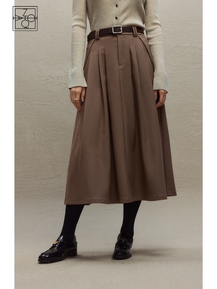 

ZIQIAO Office Lady Winter New Thicken A-LINE Skirts Belt Decoration Pleated Design Female Brown Twill Mid-Length Solid Skirts