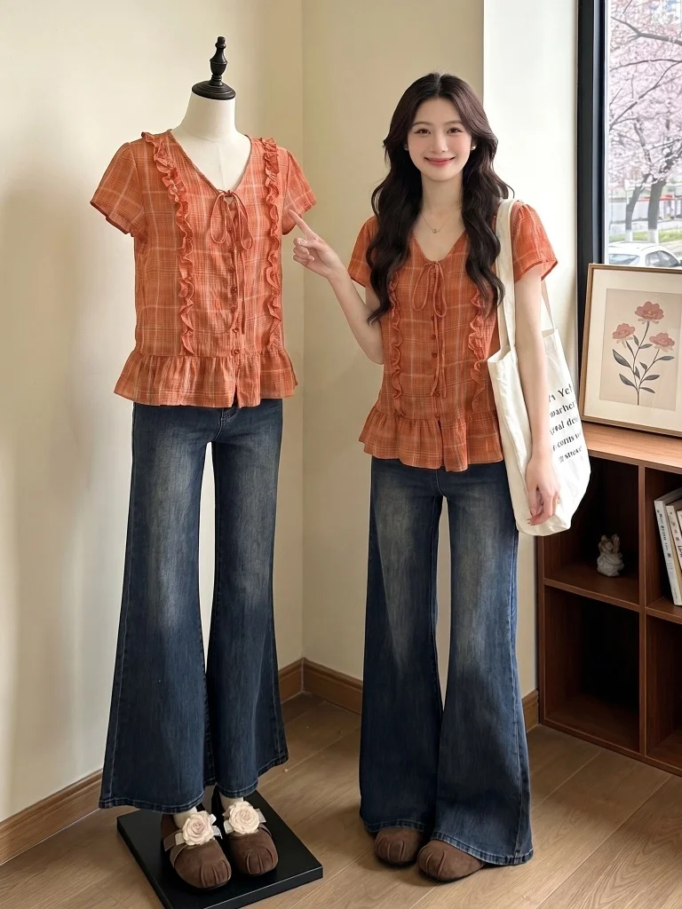 

Pumpkin Orange Wooden Ear Short Sleeve Plaid Shirt Women's Summer New Large Size Doll Shirt Korean Style Commute Loose Fit