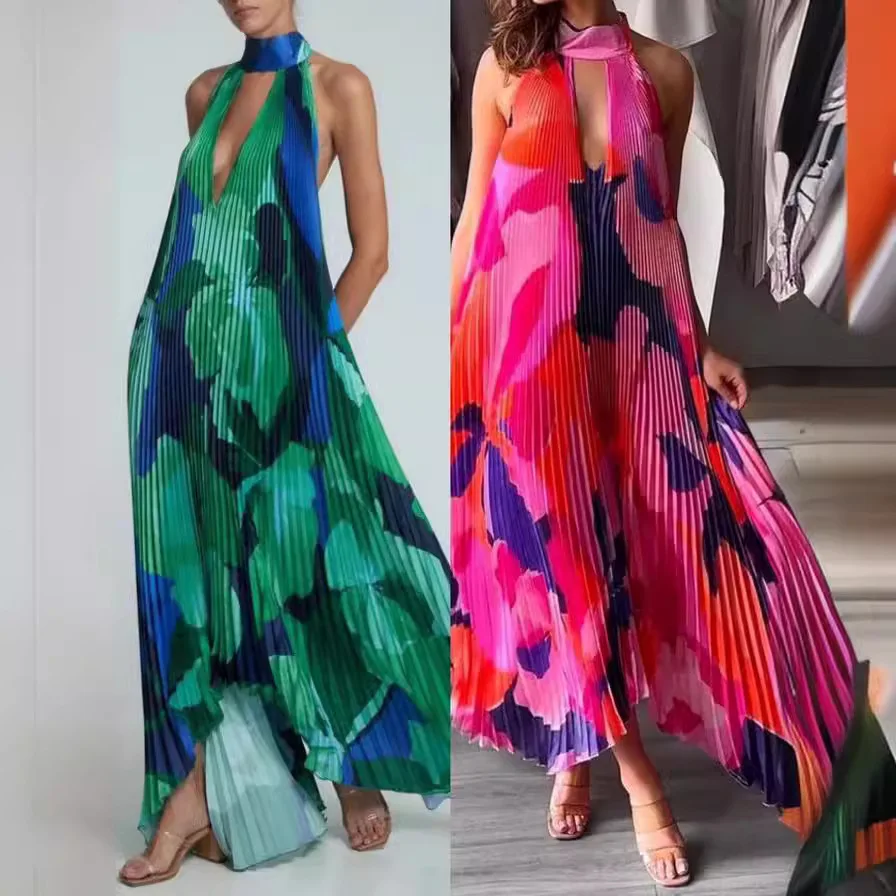 

Neck Mounted Pleated Dress Women Party Dresses Folds Spliced Long Dress Sleeveless Print V Neck Loose Fit High Street 2025