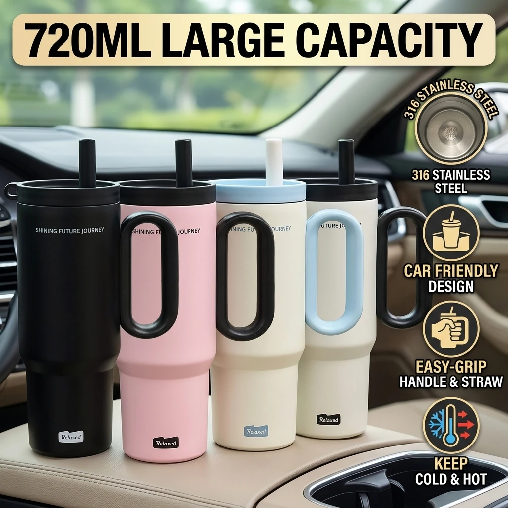 720ML Stainless Steel Thermos Cup with Straw & Handle Ice Coffee Drink Vacuum Insulated Cup Car Travel Outdoor Water Bottle