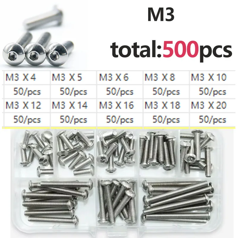 M2 M2 M3 M4 M5 M6 M8 Button Head Socket Cap Machine Bolts Screw Kit Stainless Steel ISO7380 Allen Round Hex Drive Screws