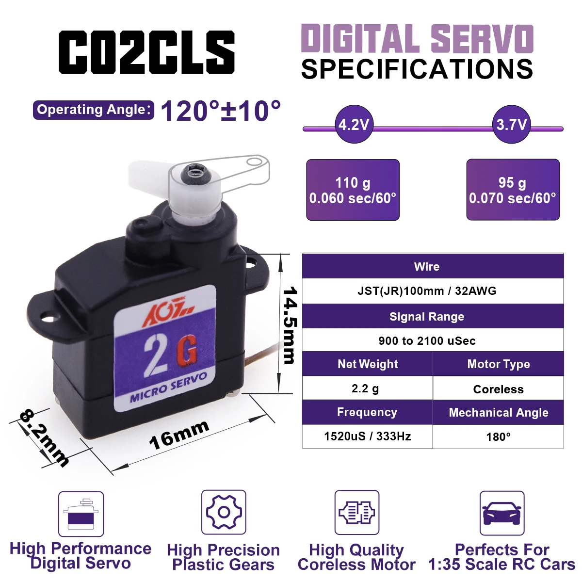 AGFRC C02CLS 0.11kg / 0.06sec Plastic Gear 180 Degree 2.2g Sub-Micro Nano Digital Servo For Micro Parkflyers RC Plane Helicopter