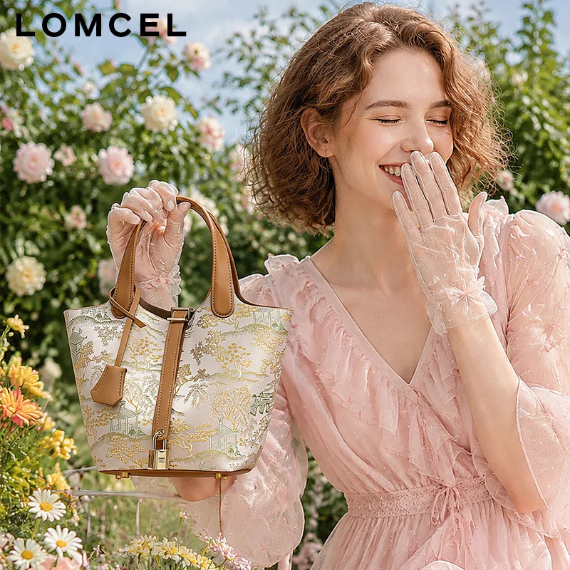 LOMCEL 701 Leather New Chinese-style Traditional Ethnic Pattern Basket Bag for Cross-border Use with Large Capacity Embroidered