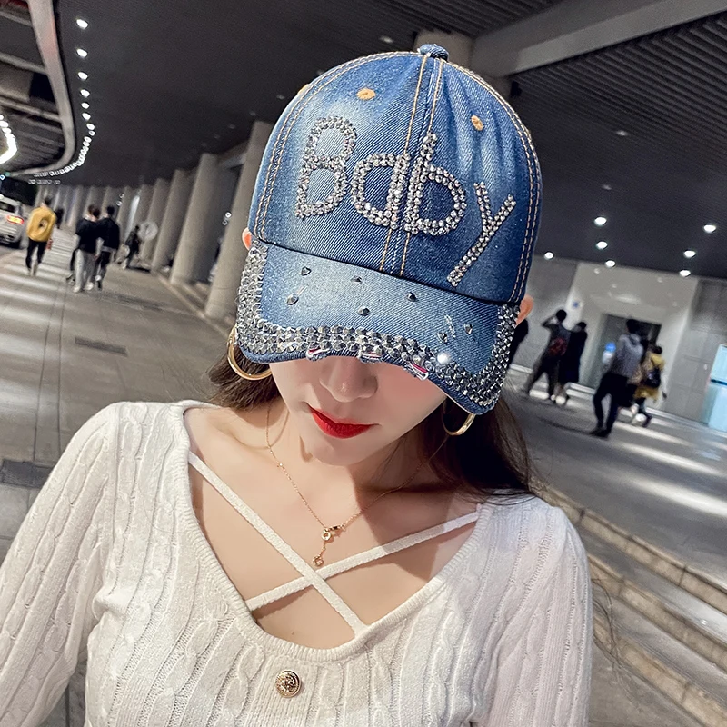 Baseball Kappe Frauen Strass Brief Baby Mode Denim Street Dance Hut Cowboy Sonne Kappe Club Retro Trendy Sonnenschirm Casual
