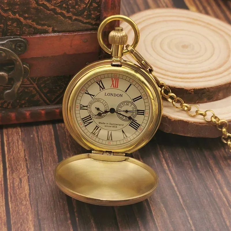 Antique Retro copper London 1856's Hands Mechanical Pocket Watch TOP Hand windock Men CLOCK with CHAIN ขวัญ