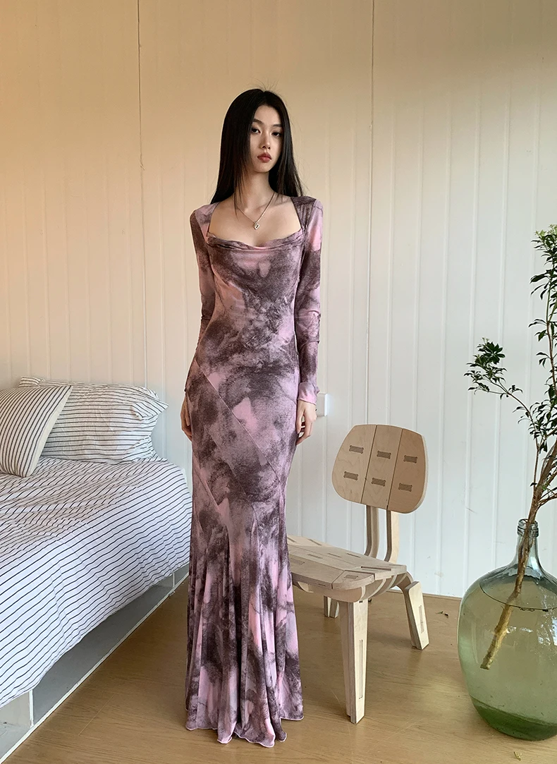 French Tie Dye Printed Square Neck Dress For Women'S Spring Design, Oil Painting Sexy Wrap Buttocks Long Skirt