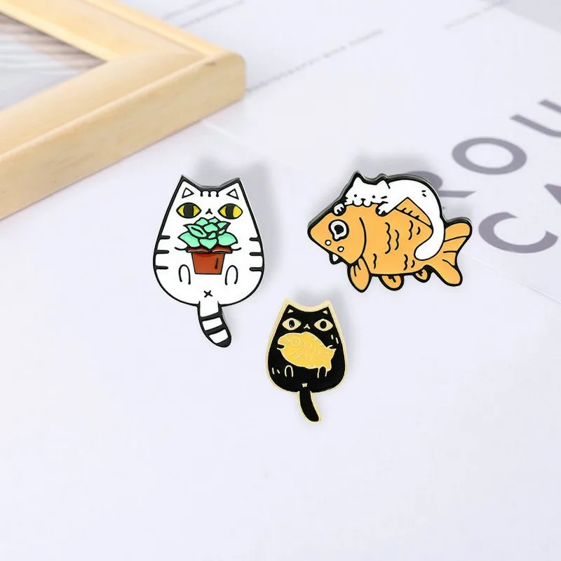 Enamel Pins Custom Funny Animal Plant Brooches Bag Clothes Lapel Pin Cute Kitten Badge Jewelry Gift for Friends Cats and Fish