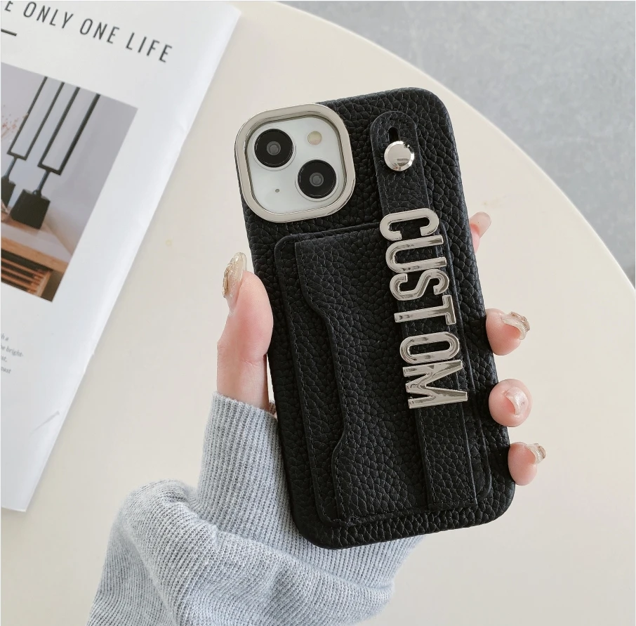 Customized Letter name Genuine Leather Phone case for iPhone15 14 13 12 ProMax 15Plus Personalized Cardholder wristband Cover