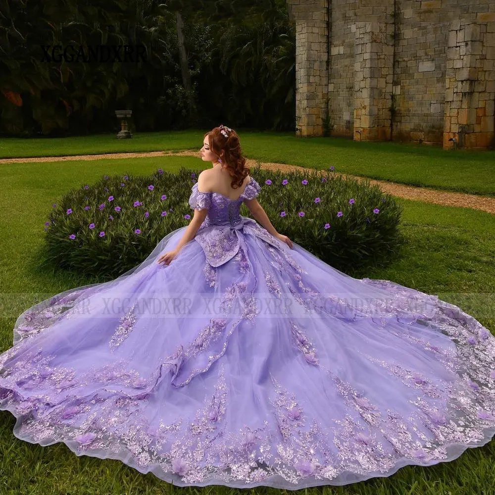 Vestido de luxo quinceanera rosa ou lilás, princesa vestido de baile florido 3D, vestido de festa 15 doces, grande arco, 2022