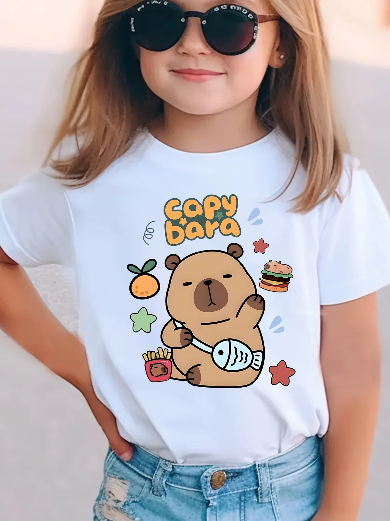 Boys Girls Family Matching Tee Lovely Snack Theme Capybara Cartoon Print Short Sleeve Soft Cotton Kids Daily Outdoor Outfit