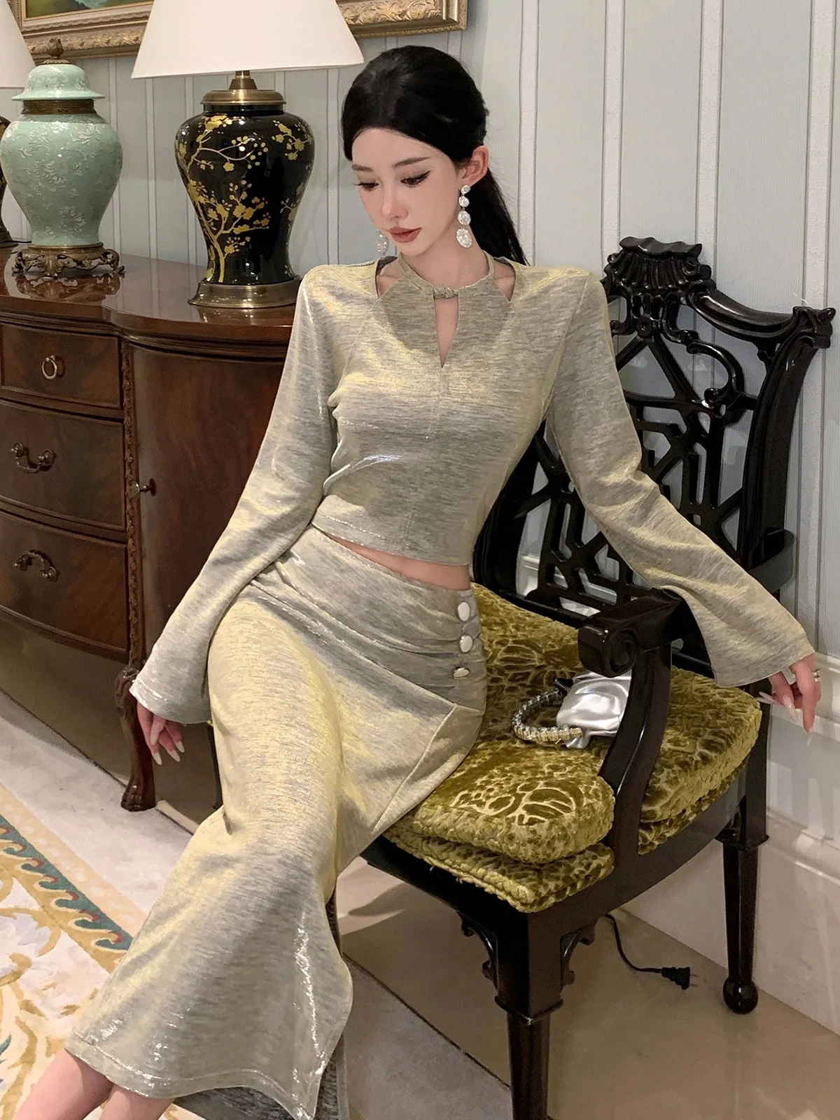 

Fashionable High Waist Slit Skirt And Top Set Elegant Design Slim Fit Long Sleeve round Neck T-Shirt Sexy Style Autumn Wear