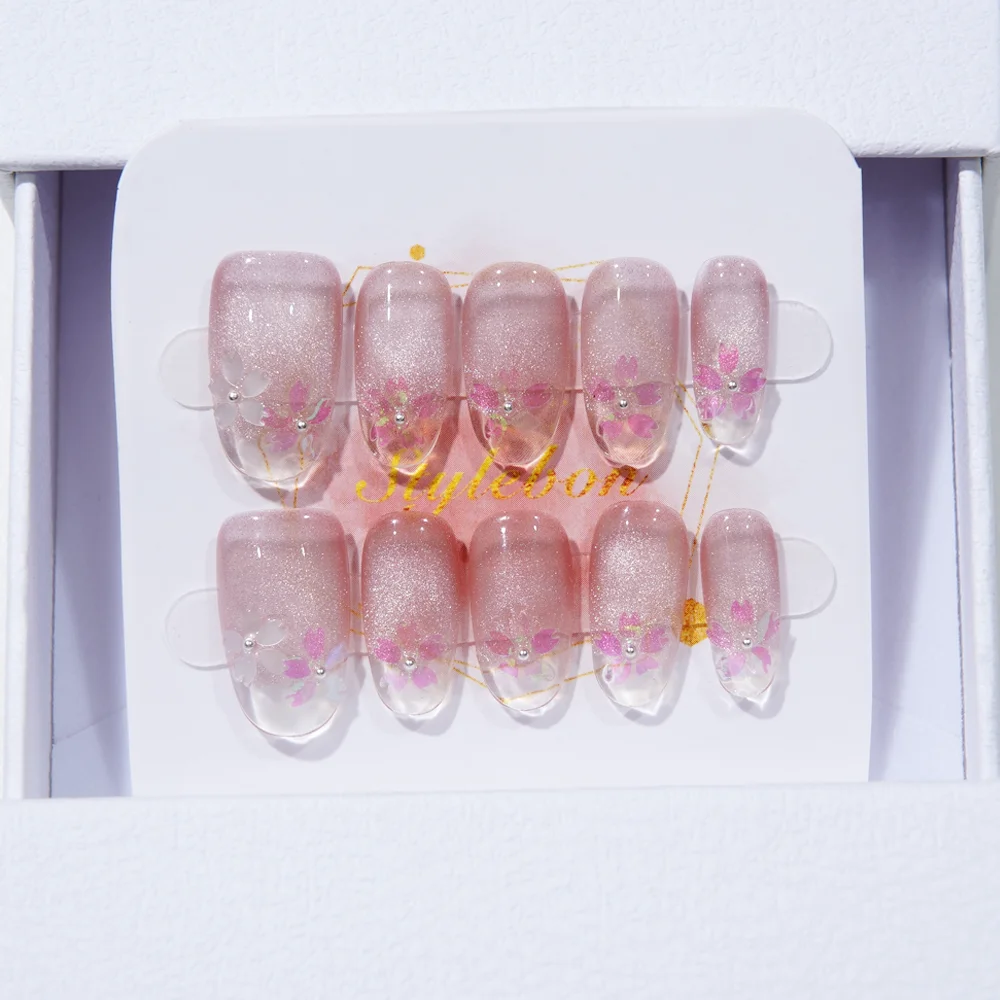 10 個手作りプレス爪オーロラ桜キャッツアイフルカバレッジネイルピース取り外し可能なウェアラブルネイル女性 & 女の子用