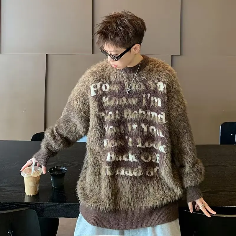 Winter New Men Letter Patterned Sweater Plush and Thick Round Neck Loose and Warm Knit Sweater Top Fashion Long Sleeve Knitwear