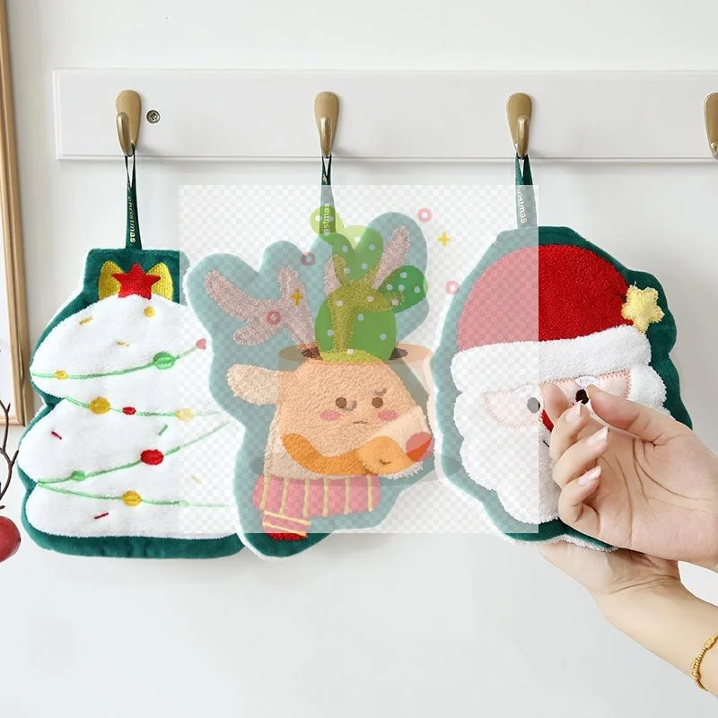 جديد عيد الميلاد منشفة اليد معلقة نوع سميكة المرجان الصوف منشفة المطبخ ماصة التجفيف السريع خرقة الكرتون منشفة اليد #2