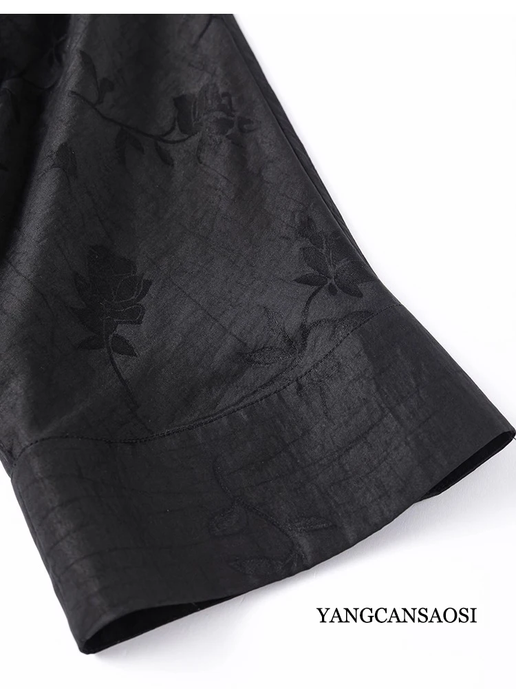 Women's Autumn New 100%Natural Mulberry Silk Jacquard Turtle Crack Fragrant Cloud Yarn Black Three-quarters Sleeve Cardigan Coat