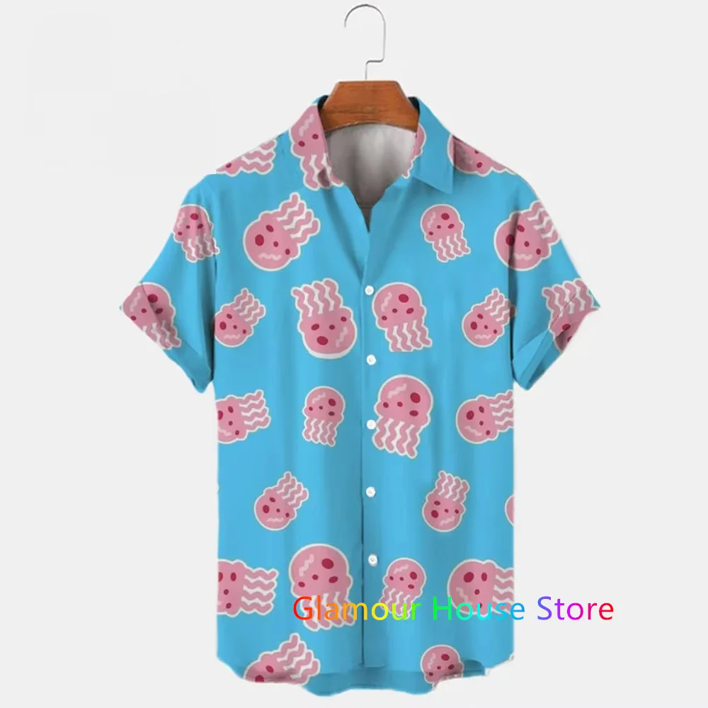 MINISO New Men's Lapel Short Sleeve Hawaiian Shirt Summer Spongebob Pattern Print Harajuku Casual Street Trend KIds/Adult ​Tops