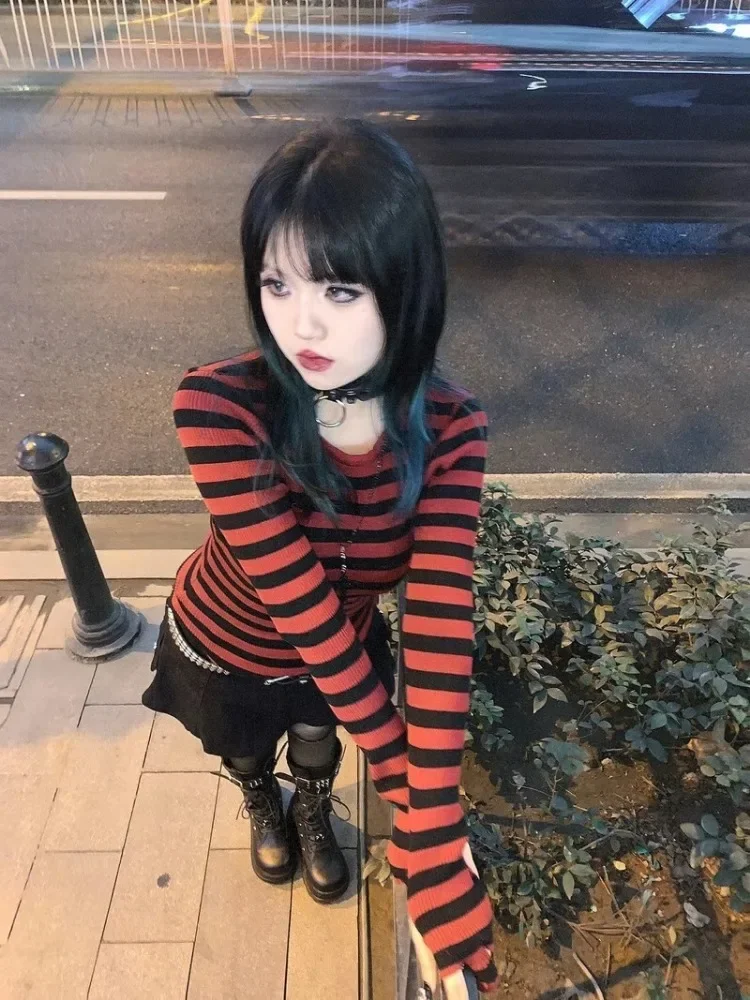 Red Striped Pullovers Gothic Y2k Clothes Emo Girls Long Sleeve Asymmetrical Harajuku Slim Kawaii Retro Pull Femme Sweaters Chic