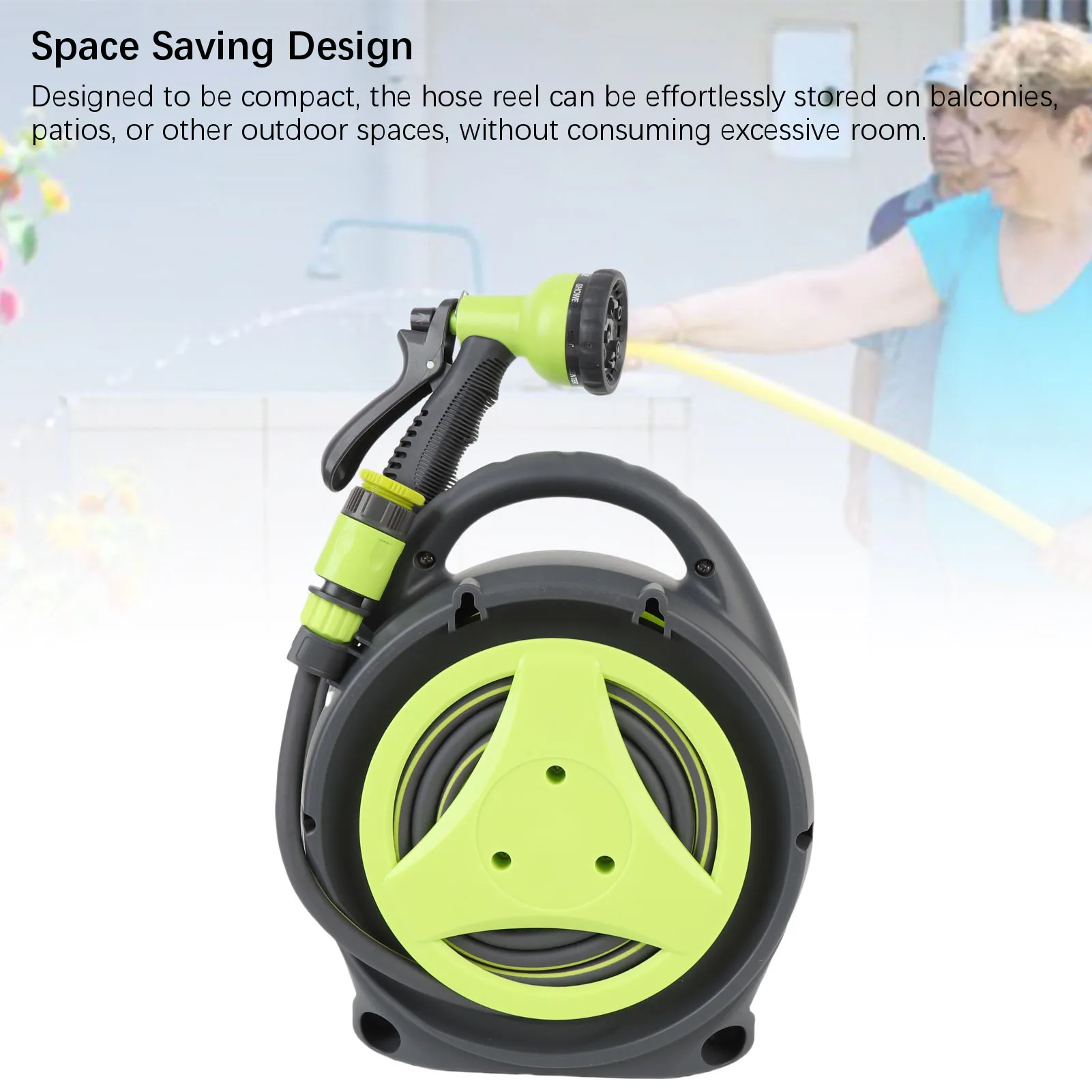Portable Water Hose Reel Multifunctional Space Saving Hose Reel 39.4ft Water Hose High Efficiency Spray Nozzle for Garden