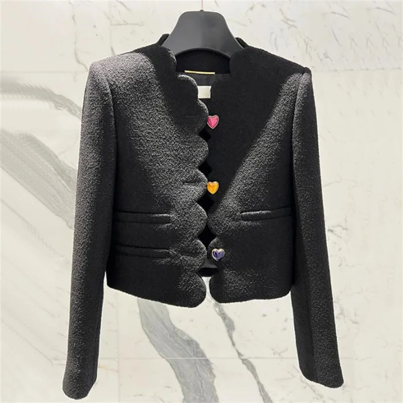 

Black love button woolen short coat women's spring tweed suit jacket