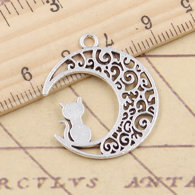 10pcs Charms Moon Cat 30x25mm Tibetan Silver Color Pendants Antique Jewelry Making DIY Handmade Craft