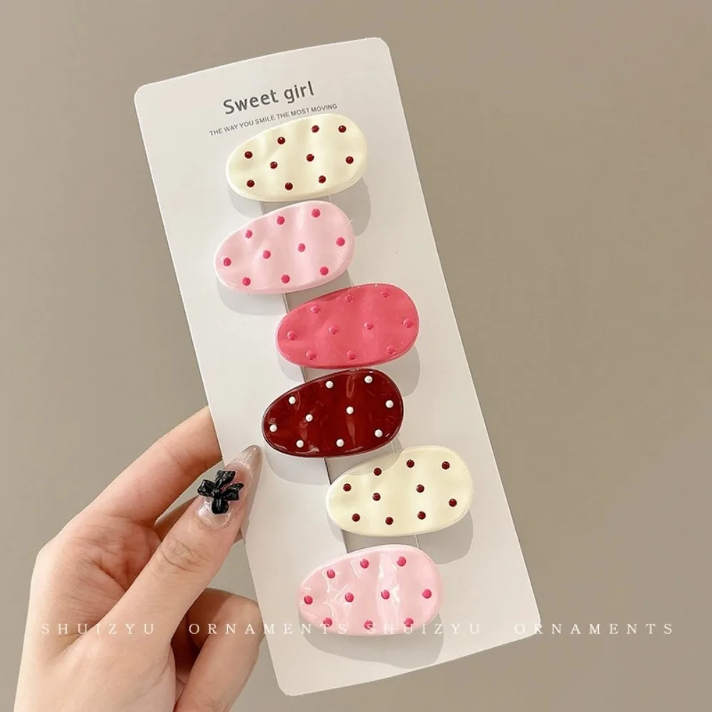 2pcs Pink Polka Dot Oval Hairpin Forehead Side Bangs Clip Broken Hair Duck Bill Clip Headwear Girls Kids Women Hair Accessories view 2