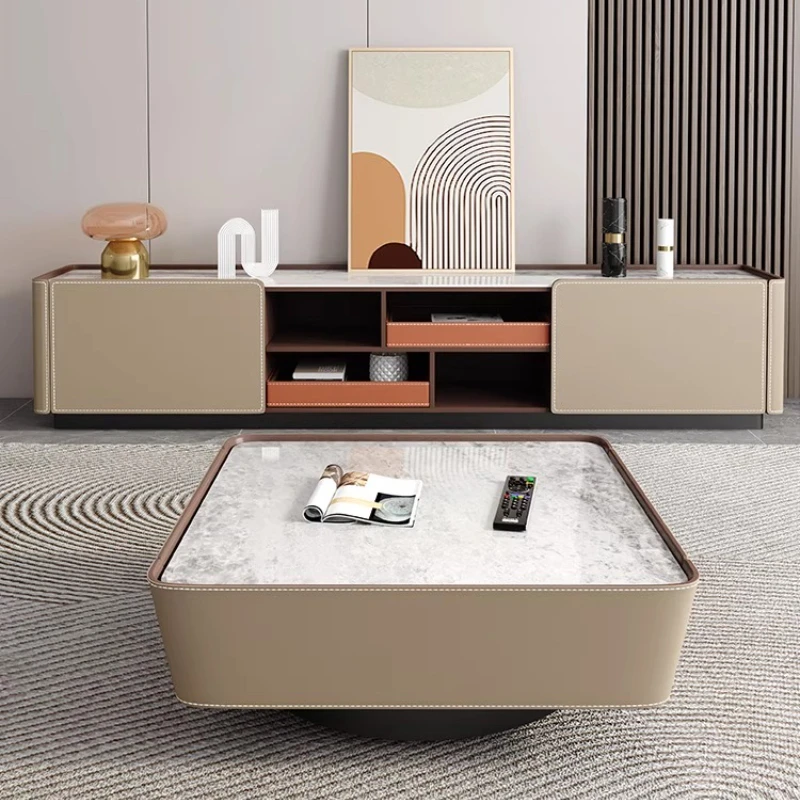 modern small apartment livingroom floorcabinet storage cabinet luxury saddle leather rock panel TV cabinet tea table combination