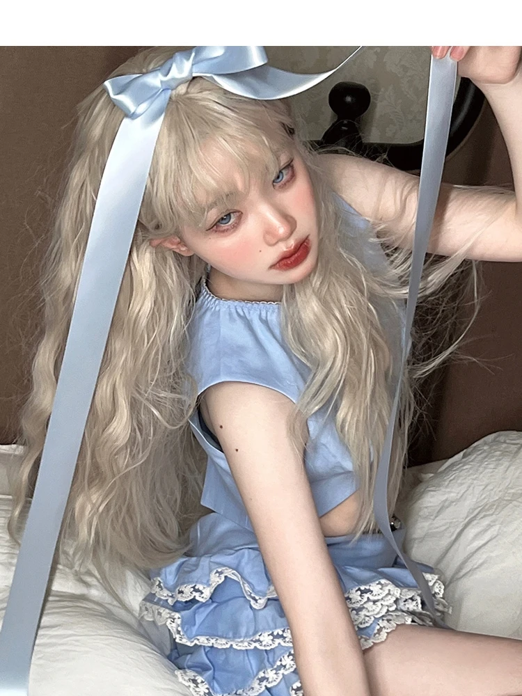 

Cos Wig White Gold Color Light Full-Head Female Top Big Wave Rice Tea Gray Lolita Long Curly Hair