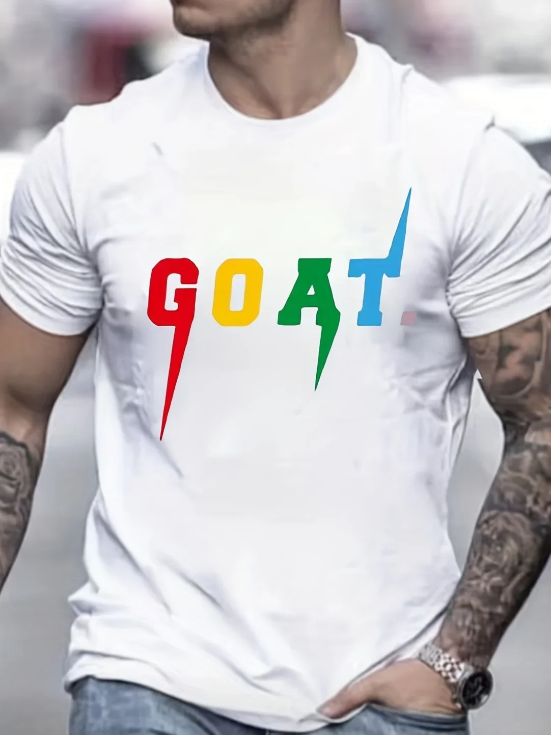 Modisches Neues GOAT Grafik-T-Shirt für Herren, Bunter Buchstabendruck, Rundhalsausschnitt, Lässiges T-Shirt im Streetwear-Stil, Sommer-Kurzarm-Oberteil