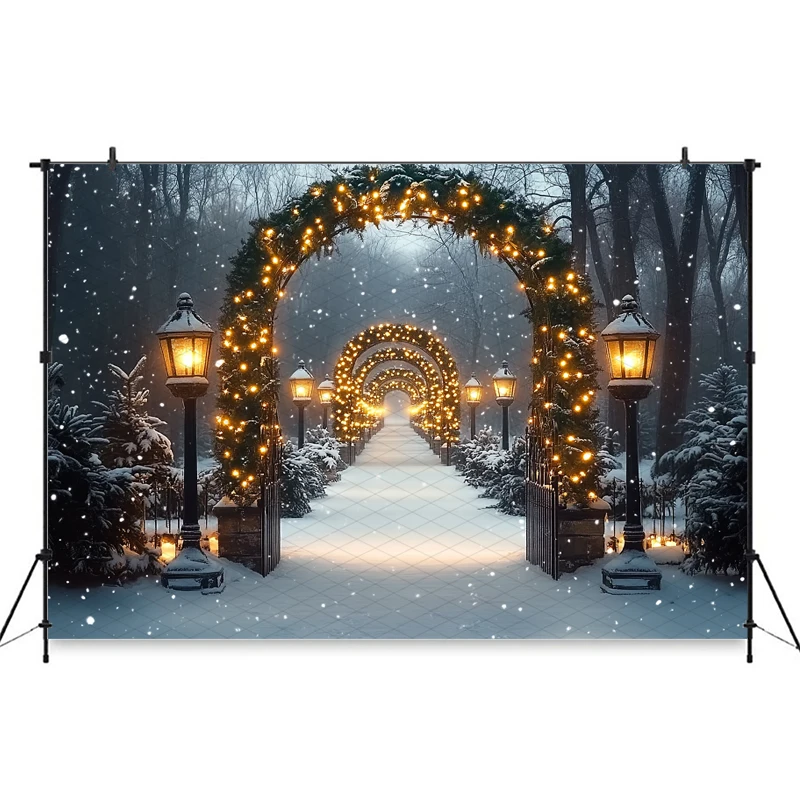 Mocsicka Christmas Light Archway Backdrop Winter Snow Night Photo Background Garland Fairy Light Tunnel Lamp Post Holiday Studio