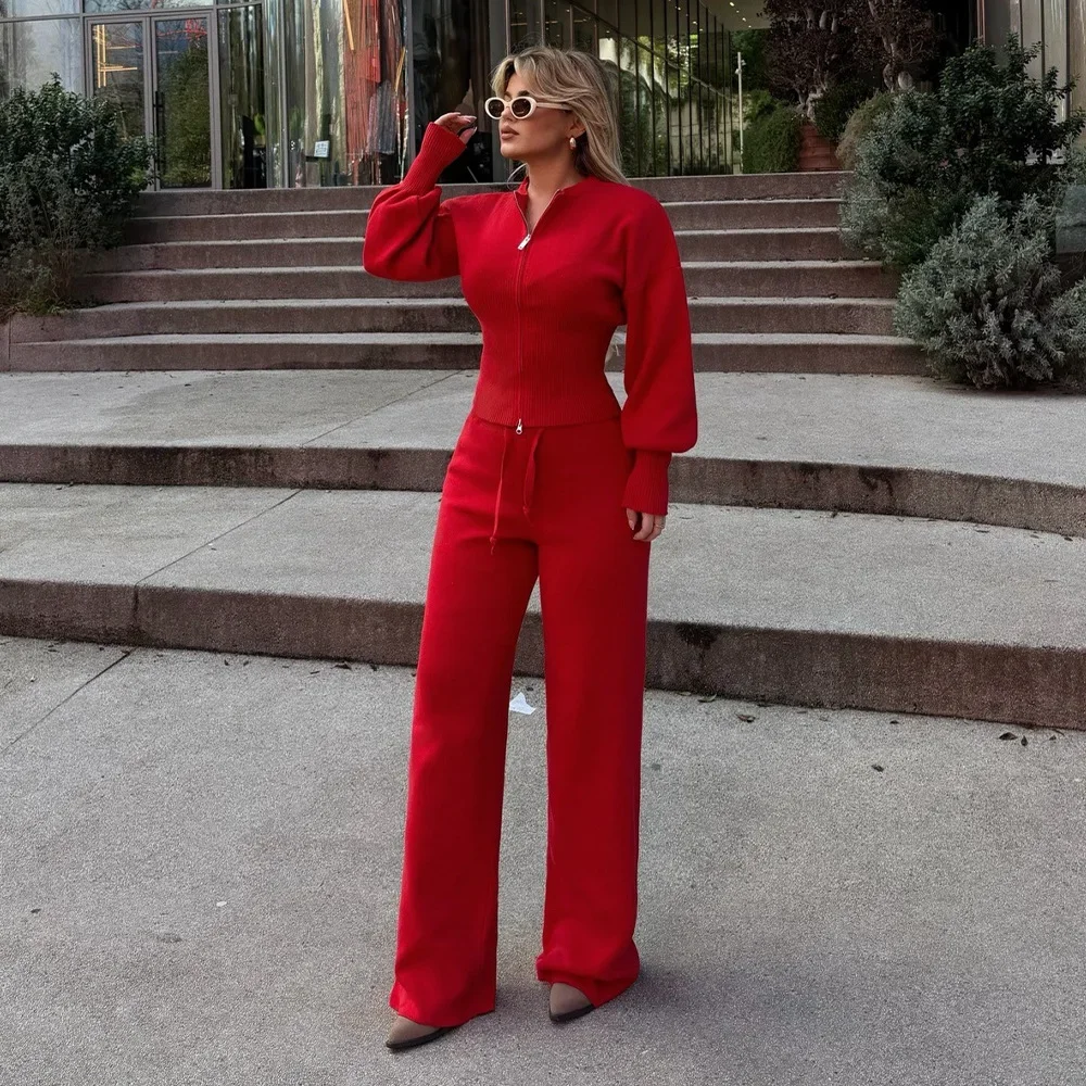 

Sumuyoo 2026 Spring New Knitted Wo-piece Set Zipper Top High-waisted Elastic Waist Straight Pants Set Mininalist Casual Suit