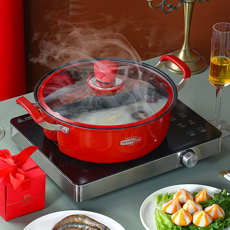 

Gas Double Hot Pot Divided Food Induction Cooker Non-stick Instant Noodle Hot Pot Korean Ramen Soup Fondue Chinoise Cookware