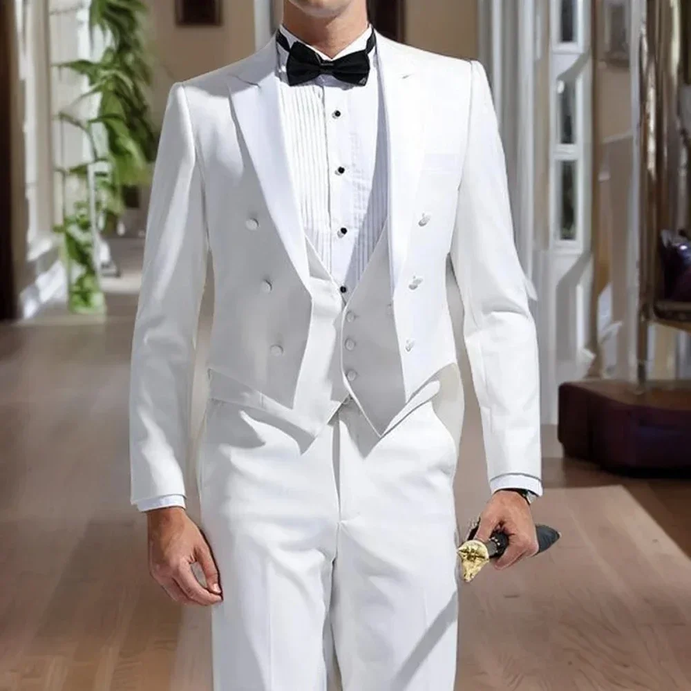 White Peak Lapel Double Breasted Men Suits 3 Piece Elegant Groom Wedding Tailcoat Slim Fashion Banquet Dinner Party Male Suit