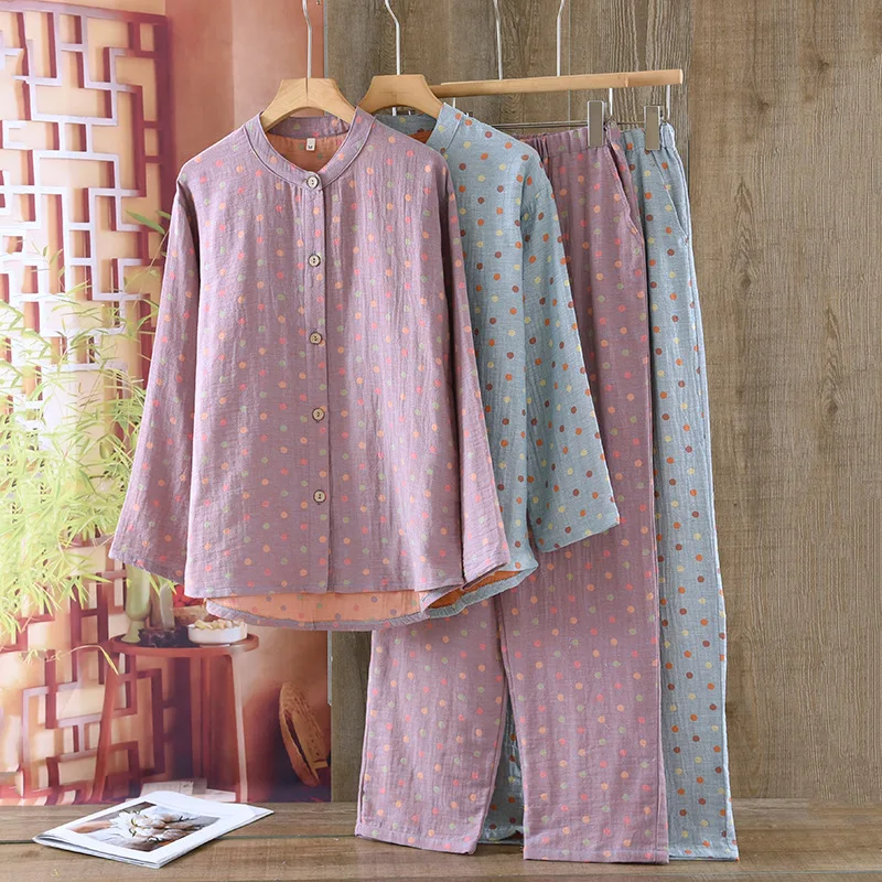 

Retro 2PCS/Set Women's Long Sleeve Loose Pajamas Homewear Suit Female 100% Cotton Autumn Cardigan Outer Wear Homewear