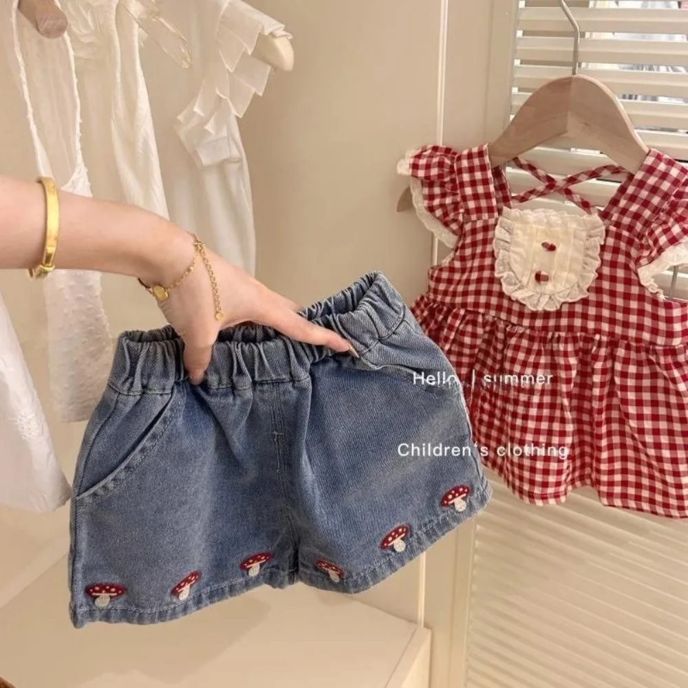2026 Summer Girls Korean Style 2PCS Set Gingham Flutter Sleeve Top & Shorts, Sweet Versatile Outfit for 80-130cm