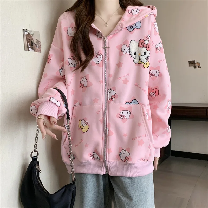 Cartoon Sanrio hello kitty printed sweatshirt jacket cute student cartoon printed cardigan hooded student girl loose jacket